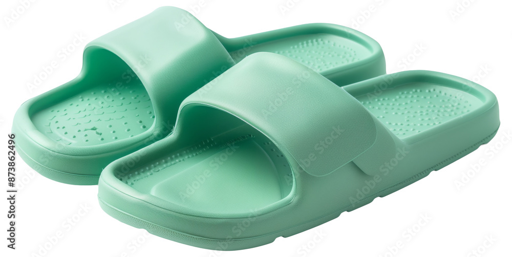 A pair of green rubber slides with an open-toe design, featuring textured insoles for added comfort and grip. A pair of green rubber slides with an open-toe design, featuring textured insoles for added comfort and grip.