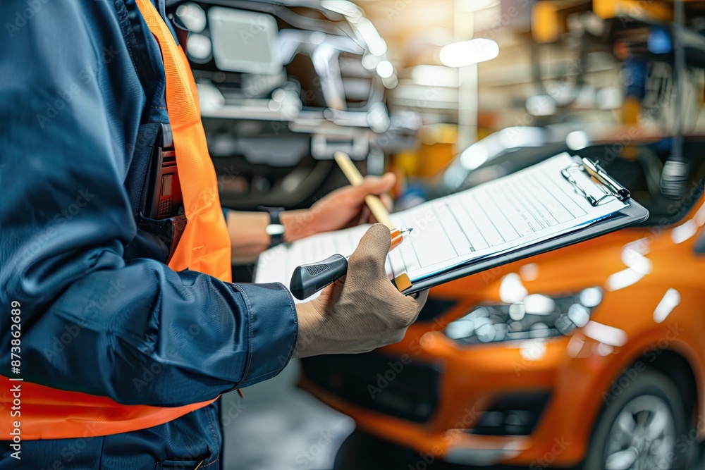 Auto mechanic or serviceman checking car engine and writing on clipboard in auto repair shop Auto mechanic or serviceman checking car engine and writing on clipboard in auto repair shop