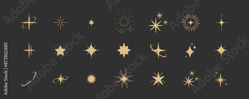Set gold shine sparkle icon glare,light,blink star minimal shape, burst and rays golden decoration. Twinkle magic comic shine isolated on dark background.