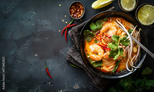 A bowl of ramen noodles with chicken, green onion and red chile sits in an Asian restaurant setting, in the style of an Asian restaurant.