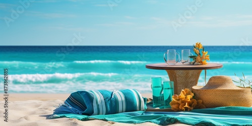 Straw bag and hat on the beach with blue sea and sky background. Beach scene with turquoise water, nice ocean waves, and colorful beach accessories.