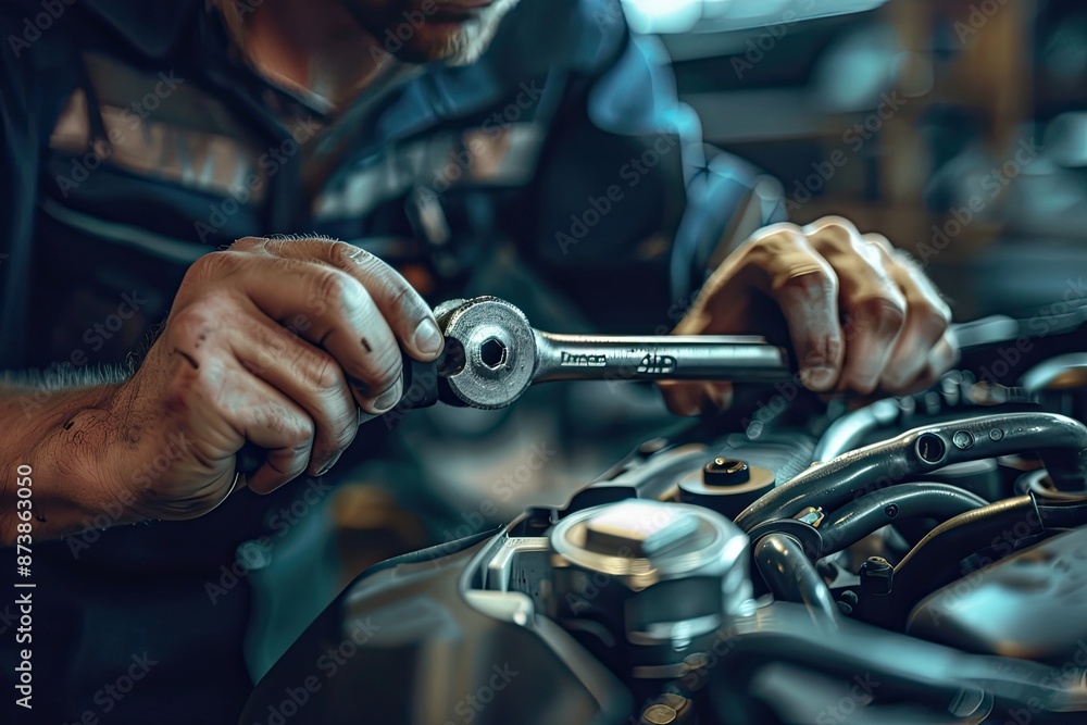 Close-up of a car mechanic working on a car engine Close-up of a car mechanic working on a car engine