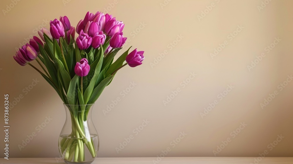 Vibrant purple tulips in clear vase against neutral backdrop Vibrant purple tulips in clear vase against neutral backdrop