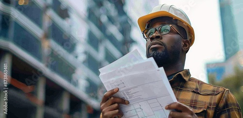 Construction Worker Looking Up at Building Plans in Urban City