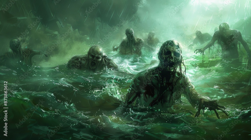 A terrifying scene shows a group of pale zombies in murky green water, moving with eerie determination through a river. A terrifying scene shows a group of pale zombies in murky green water, moving with eerie determination through a river.