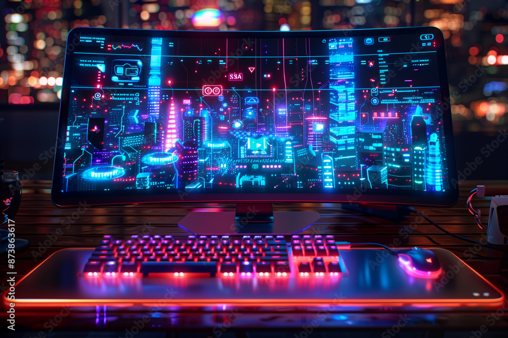 business desk setup with holographic keyboard and futuristic cityscape on a large curved screen, vibrant neon lights business desk setup with holographic keyboard and futuristic cityscape on a large curved screen, vibrant neon lights