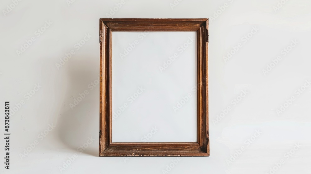 Fototapeta premium Vintage wooden picture frame with canvas cutout on white backdrop