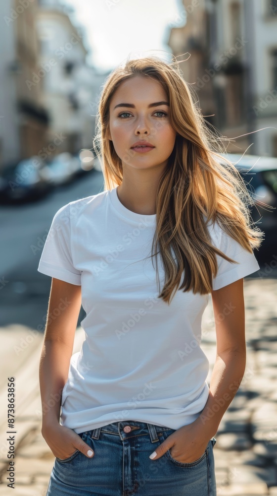 Create a promotional image for a uniform supplier, showcasing a white t-shirt suitable for various industries Create a promotional image for a uniform supplier, showcasing a white t-shirt suitable for various industries