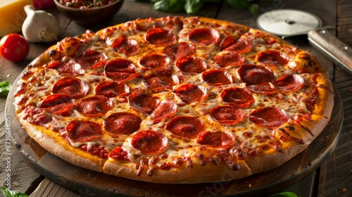 Classic Pepperoni Pizza: A classic pepperoni pizza with perfectly placed slices, a bubbly crust, and slightly crisped edges, served on a wooden board with a pizza cutter next to it. 
