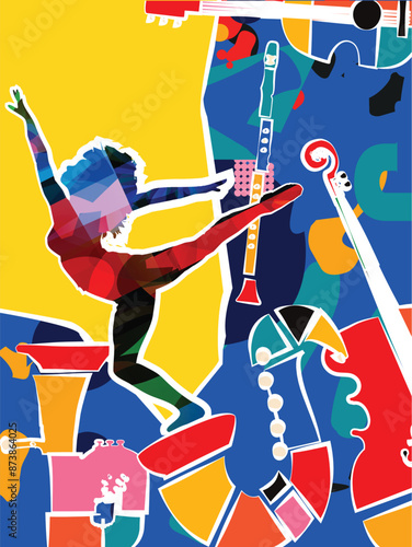 Dancing young woman with colorful background. Dancing studio poster