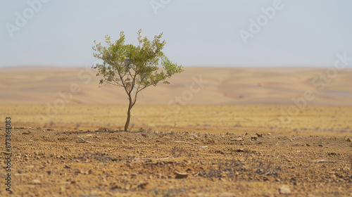 Amidst the barren Algerian desert, a young tree stands firm, a beacon of resilience. It represents hope and unwavering strength, defying the challenges of its harsh surroundings.