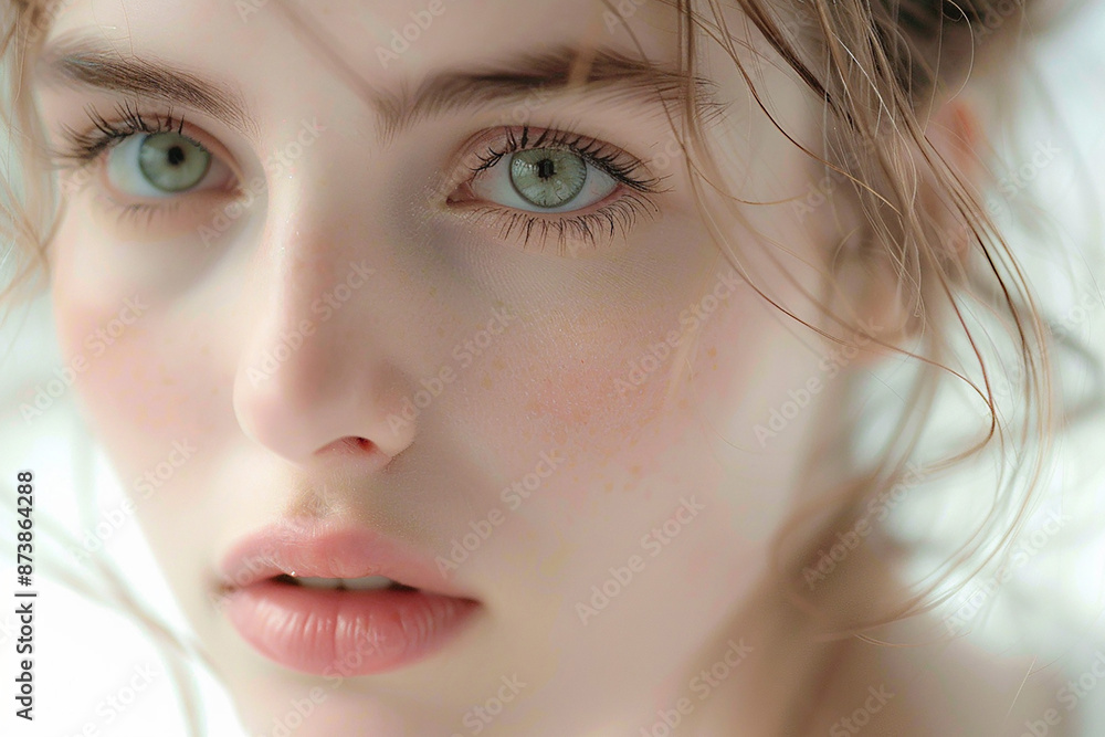 Fototapeta premium Young woman with natural beauty, close-up face shot, soft and natural light, editorial magazine style