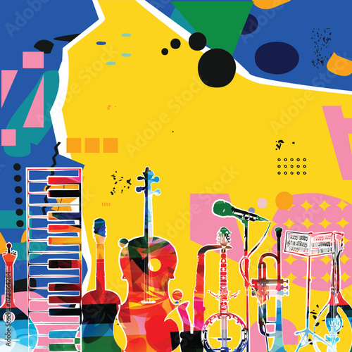 Music background with colorful music instruments vector illustration. Music festival poster