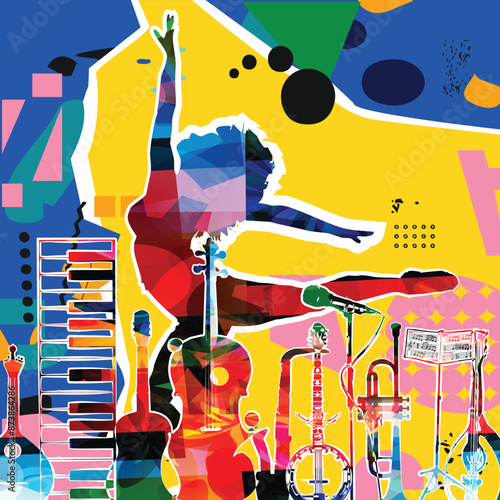 Dancing young woman with colorful background. Dancing studio poster