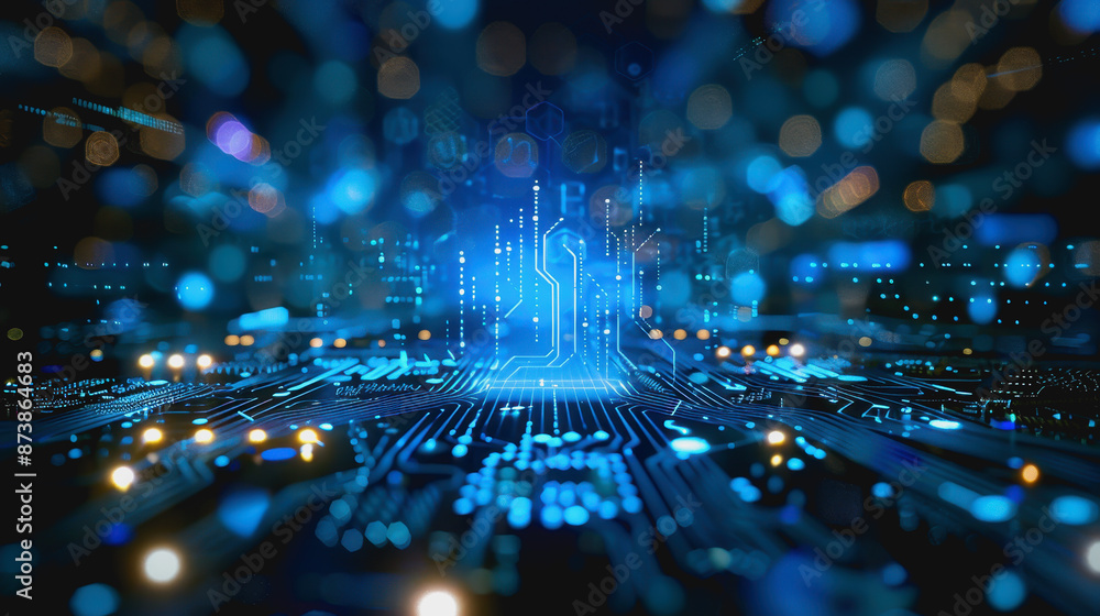 High-tech digital interface with blue circuitry, depicting futuristic and advanced technology High-tech digital interface with blue circuitry, depicting futuristic and advanced technology