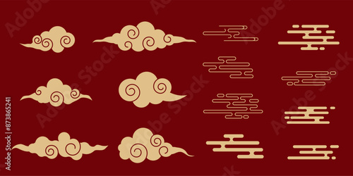 Japanese cloud set, asian traditional wavy curly ornament. China ornament, eastern decoration doodle, line. Clouds flow with the wind in the sky .