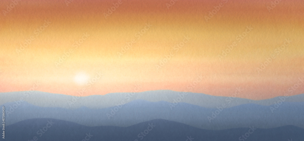 Obraz premium Abstract sunset painted with a brush. Horizontal gradient from blue to orange watercolor background, wash technique. Orange blue watercolor background. Bright sky and water watercolour.