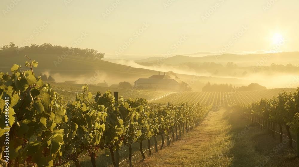 Fototapeta premium A picturesque vineyard during the grape harvest with workers handpicking grapes the sun casting a golden glow over the rolling hills and a rustic farmhouse in the distance