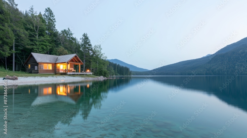 Obraz premium A peaceful mountain cabin retreat by a crystalclear lake with kayaks lined up on the shore a campfire crackling nearby and a family enjoying a twilight swim under the stars embodying summer tranquilit