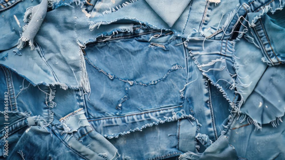 Naklejka premium Blue jeans torn and tattered, a tapestry of style. Ripped denim background, a tribute to reuse and recycle.