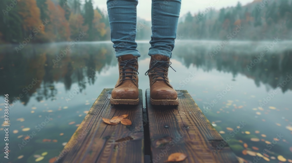Obraz premium A person stands with his back to the lake on a wooden pier jutting out over the calm lake. The emphasis on the pier's weathered legs and boards provides a sense of calm and connection to nature.