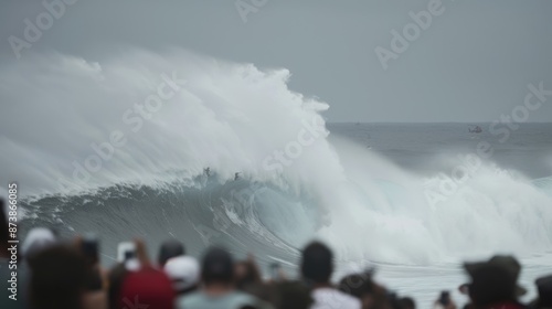 A dynamic surf competition at a famous coastal spot with surfers riding massive waves the crowd cheering from the beach and helicopters capturing the action from above against a perfect summer sky