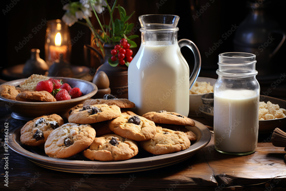Freshly baked cookies and a pitcher of milk on a farmhouse table of cozy rustic kitchen. Freshly baked cookies and a pitcher of milk on a farmhouse table of cozy rustic kitchen.