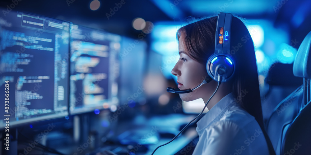 Female tech support representative with a headset, focused on multiple computer screens displaying code in a high-tech environment Female tech support representative with a headset, focused on multiple computer screens displaying code in a high-tech environment