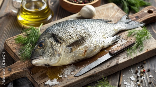 Fresh Whole Bream Fish on Wooden Cutting Board with Herbs and Spices 