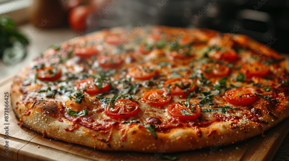Fresh Pizza Out of the Oven: A steaming hot pizza fresh out of the oven, with a golden, crispy crust and vibrant toppings, placed on a wooden pizza peel with a rustic kitchen background. Fresh Pizza Out of the Oven: A steaming hot pizza fresh out of the oven, with a golden, crispy crust and vibrant toppings, placed on a wooden pizza peel with a rustic kitchen background.