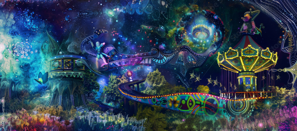 DMT or LSD trip into the realm with merry go round and other worldly scene. Surrealistic artwork of a psychedelic mushroom in a strange realm, trippy, surreal, psychedelic DMT or LSD trip into the realm with merry go round and other worldly scene. Surrealistic artwork of a psychedelic mushroom in a strange realm, trippy, surreal, psychedelic