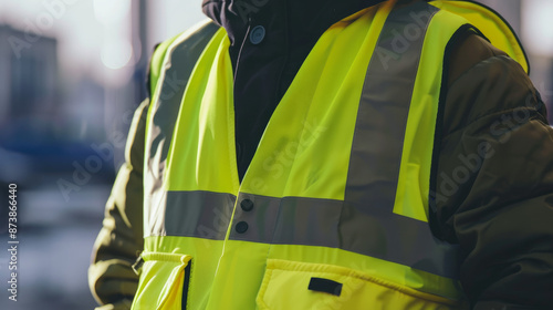 Bright yellow vest reflects light, making it easy to see against a white backdrop.