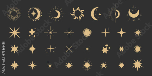 Set gold moon, sun and stars shine sparkle icon glare,light,blink star minimal shape, burst and rays golden decoration. Twinkle magic comic shine isolated on dark background.