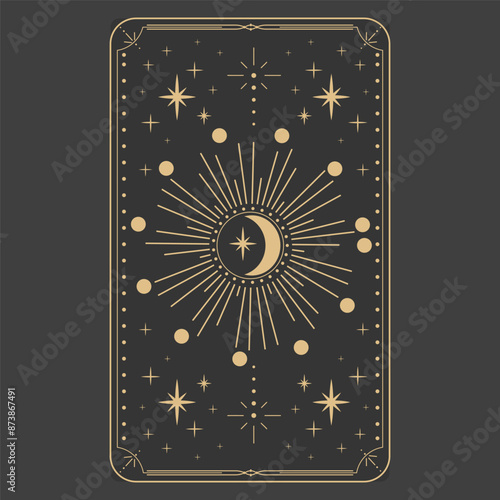 Alchemical esoteric mystical magic templates for tarot cards frame border with golden line celestial elements, esoteric astrology mystery ornament with moon, star isolated on dark background.