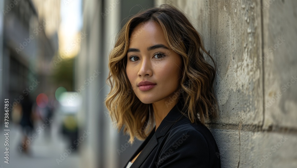 Portrait of a beautiful woman in business casual attire, standing against an urban backdrop. businesswoman on the street of a city Portrait of a beautiful woman in business casual attire, standing against an urban backdrop. businesswoman on the street of a city