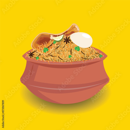 Indian famous dish "Biryani" on a clay pot with chicken leg and boiled egg. vector illustration. 
