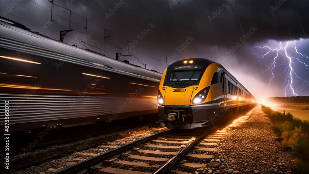 A sleek, shiny train speeding through a dark, stormy night, with bright, zigzagging lightning bolts illuminating the sky A sleek, shiny train speeding through a dark, stormy night, with bright, zigzagging lightning bolts illuminating the sky