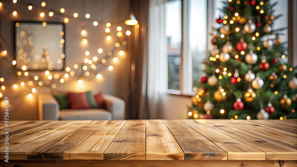 Empty wooden table top with abstract living room decor with Christmas tree string light blur background Empty wooden table top with abstract living room decor with Christmas tree string light blur background