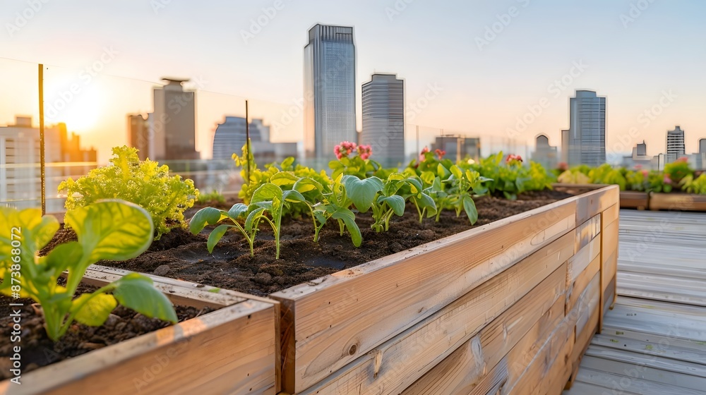 Elevated Green Haven: Community Rooftop Garden under Clear Blue Sky for Urban Sustainability and Creative Ideas Elevated Green Haven: Community Rooftop Garden under Clear Blue Sky for Urban Sustainability and Creative Ideas