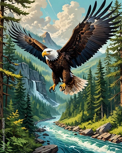 Majestic bald eagle soaring over a cascading waterfall in a lush forest. photo