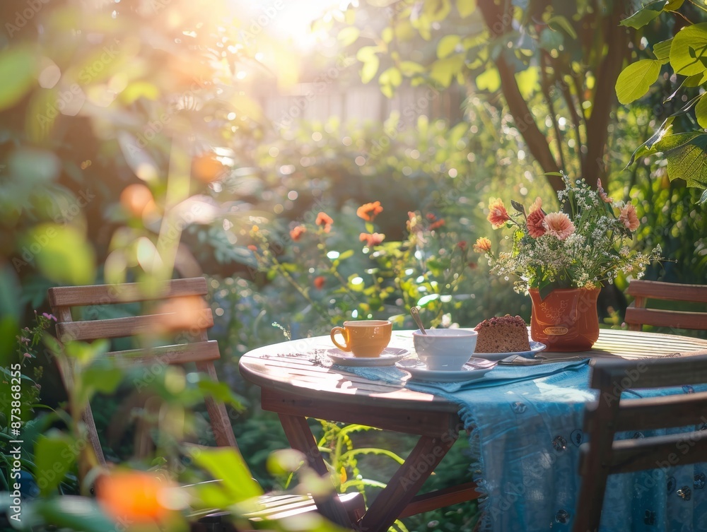 Obraz premium deco for garden table with coffee for breakfast, morning light - ai