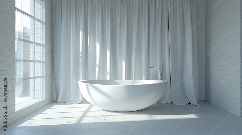 Minimalist Bathroom Design with White Tub and Curtains Minimalist Bathroom Design with White Tub and Curtains