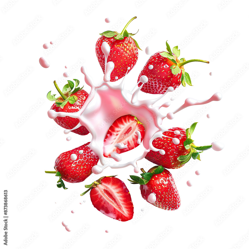 Fresh strawberries splashing into creamy milk, smoothie, or yoghurt, cut out Fresh strawberries splashing into creamy milk, smoothie, or yoghurt, cut out