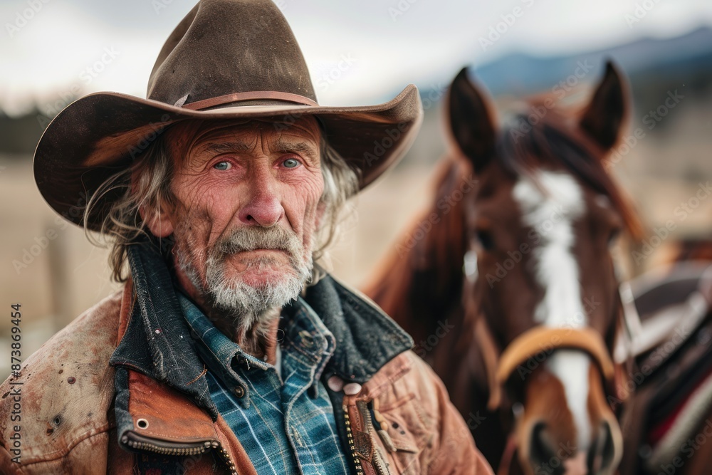 Portrait of an old cowboy and horse on background Portrait of an old cowboy and horse on background