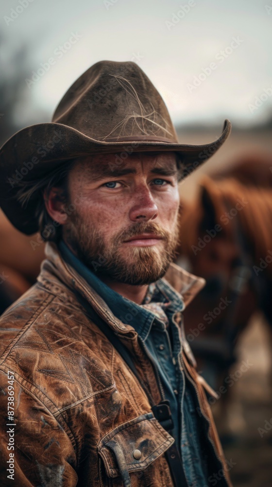 Portrait of an old cowboy and horse on background Portrait of an old cowboy and horse on background