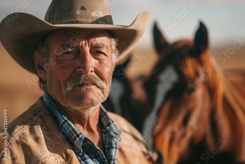 Portrait of an old cowboy and horse on background