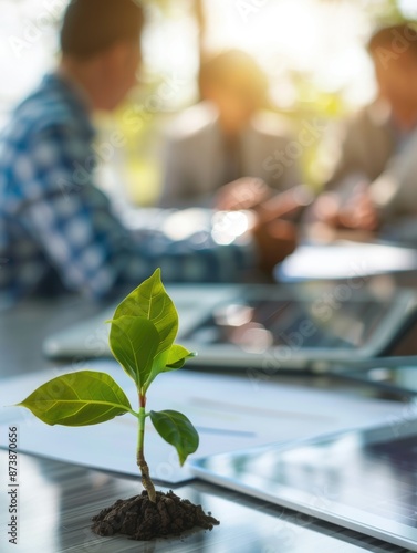 A business meeting focused on sustainable growth, with a young plant symbolizing environmental responsibility and green business strategies in the foreground.