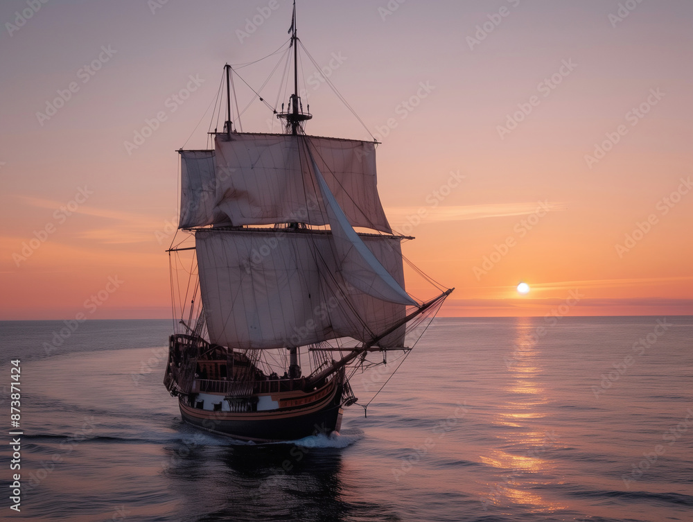 Obraz premium Spanish caravel sailing in the open sea, columbus day.