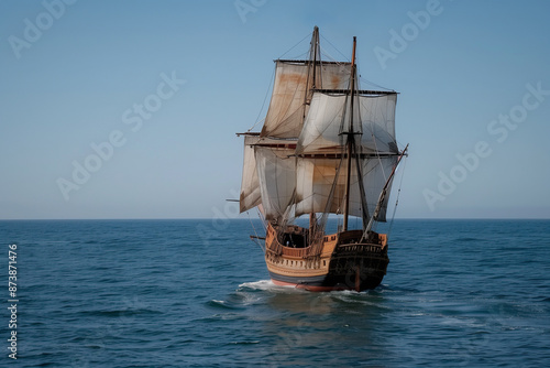 Spanish caravel sailing in the open sea, columbus day.