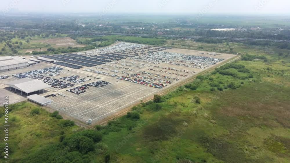 Aerial New Cars Stock At Factory Parking Lot - forward Aerial New Cars Stock At Factory Parking Lot - forward